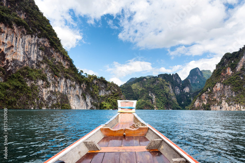 View for long tail boat, Scene of Ratchaprapha Dam at Khao Sok National Park, Surat Thani Province, Thailand. © ichz