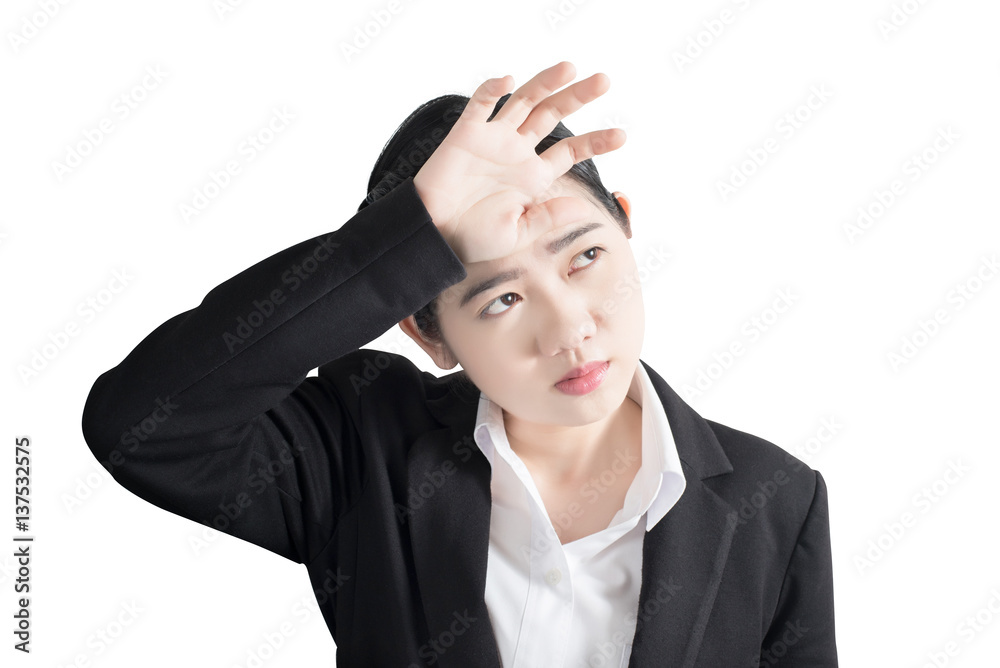 Headache symptom in a businesswoman isolated on white background. Clipping path on white background. Headache symptom in a businesswoman isolated on white background. Clipping path on white background.
