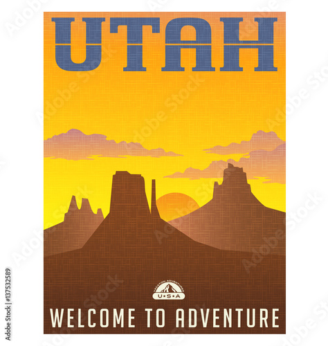 Utah travel poster or sticker. vector illustration of monument valley at sunset.
