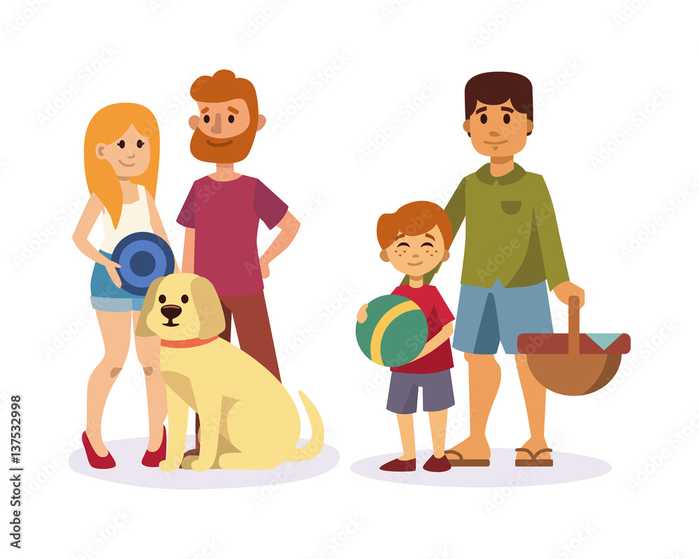 Picnic setting with fresh food hamper basket barbecue resting couple and summer meal party family people lunch garden character vector illustration. Picnic setting with fresh food hamper basket barbecue resting couple and summer meal party family people lunch garden character vector illustration.
