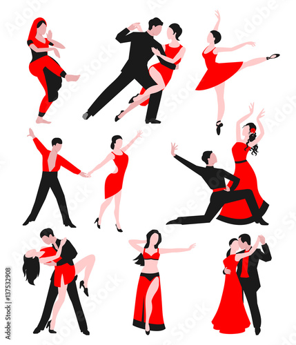Couples dancing latin american romantic person and people dance man with woman ballroom entertainment together tango pose beauty vector illustration.