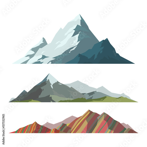 Mountain mature silhouette element outdoor icon snow ice tops and decorative isolated camping landscape travel climbing or hiking geology vector illustration.