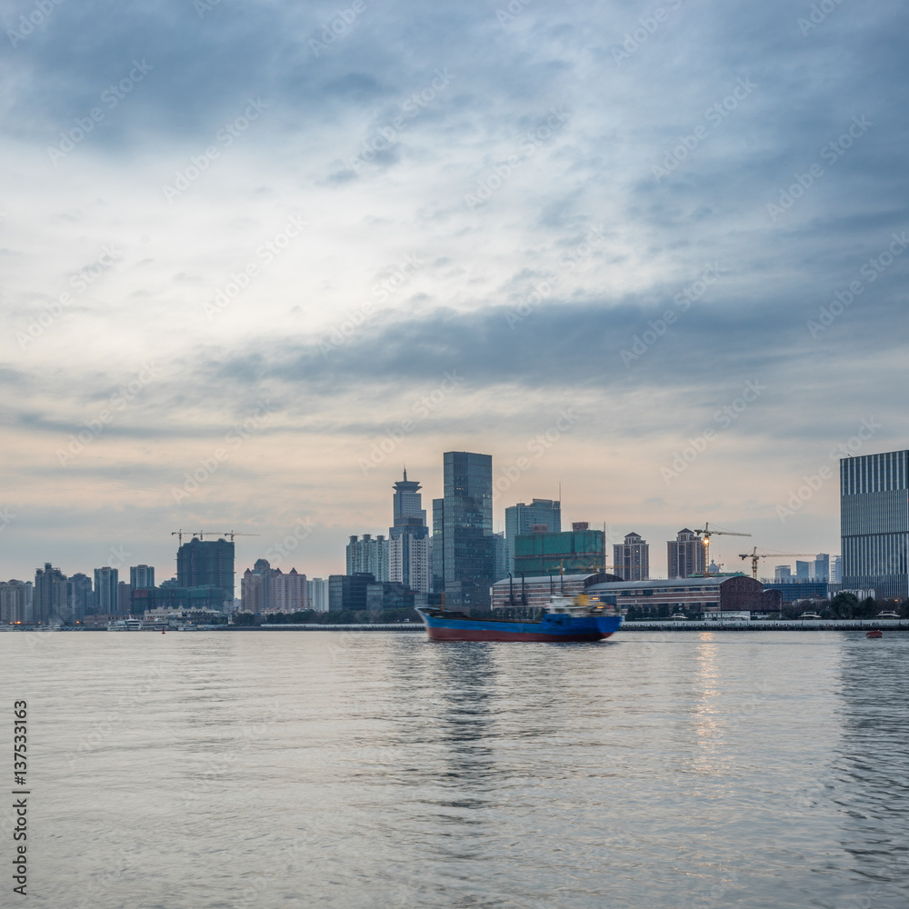 Fototapeta premium landmarks of Shanghai along Huangpu river in China.