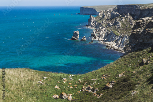 Coast Dzhangul in Crimea. Idyllic paradise landscape with crystal clear water and cliff beach