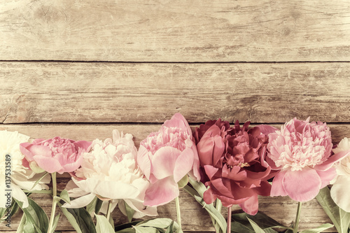 Peony Flowers on Vintage Wooden Boards