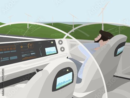 Self-driving electric car goes with relaxing passenger. Autonomous intelligent car with glass roof. Happy man sitting in comfortable car. Inside view. Flat style illustration.