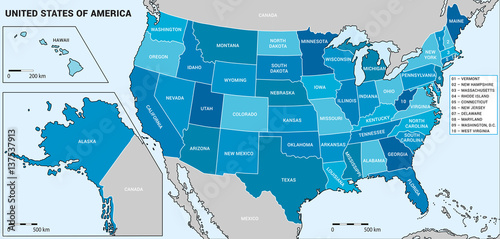 USA map with federal states including Alaska and Hawaii. United States vector map with map scale ready for your infographics. Easy editable modern US map with data in layers.