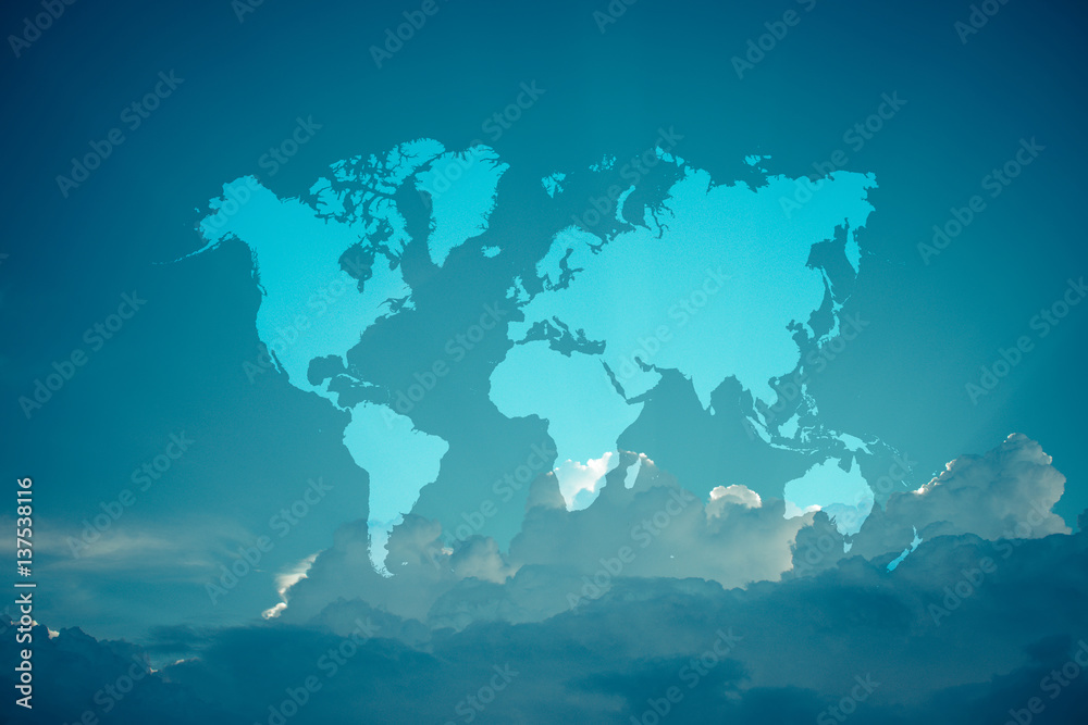 Blue sky cloud with world map , process in vintage style