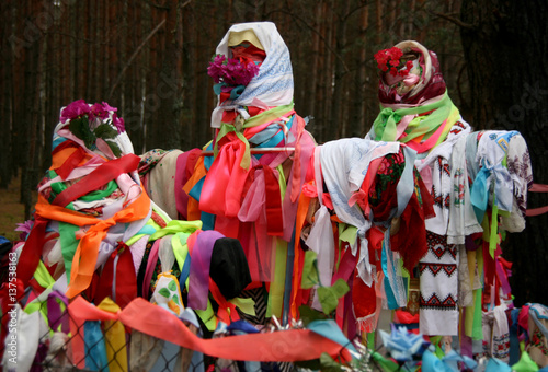 Crosses related ribbons and towels at the village cemetery in Ukraine