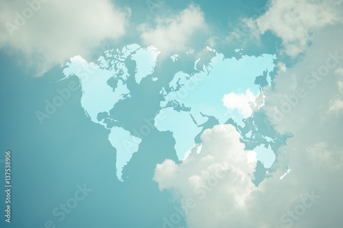 Blue sky cloud with world map   process in vintage style