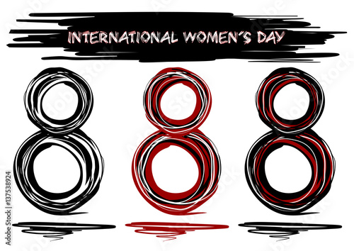 Hand drawn design elements for International Women's Day. Doodle style. Vector hand drawn decorative element for 8 march design. Set of eights drawn in grunge style