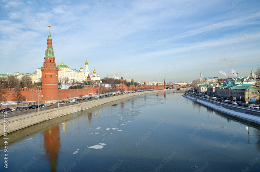 Beautiful views of Moscow Kremlin, Kremlevskaya and Sophiyskaya embankments in Sunny winter day, Moscow, Russia