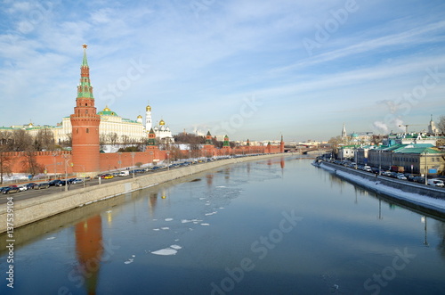 Beautiful views of Moscow Kremlin, Kremlevskaya and Sophiyskaya embankments in Sunny winter day, Moscow, Russia