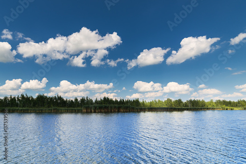 Clean lake and beautiful blue sky with clouds