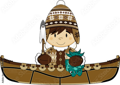 Cute Cartoon Inuit Fisherman in Kayak