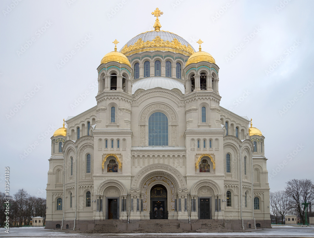 St. Nicholas naval Cathedral close up gloomy January day. Kronshtadt, Russia