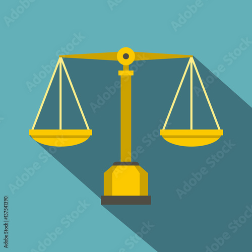 Gold scales of justice icon, flat style