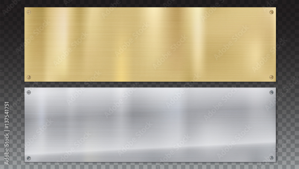 Banners of polished metal plates with screws. Polished metal background with metal texture on a transparent background. Yellow, gold, bronze and grey metal background for your design Banners of polished metal plates with screws. Polished metal background with metal texture on a transparent background. Yellow, gold, bronze and grey metal background for your design