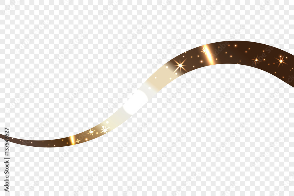 Gold wave ribbon. Golden abstract wavy line isolated on transparent background. Light metallic shiny design texture. Stars, sparkles. Bright flow space element. Modern graphic Vector illustration