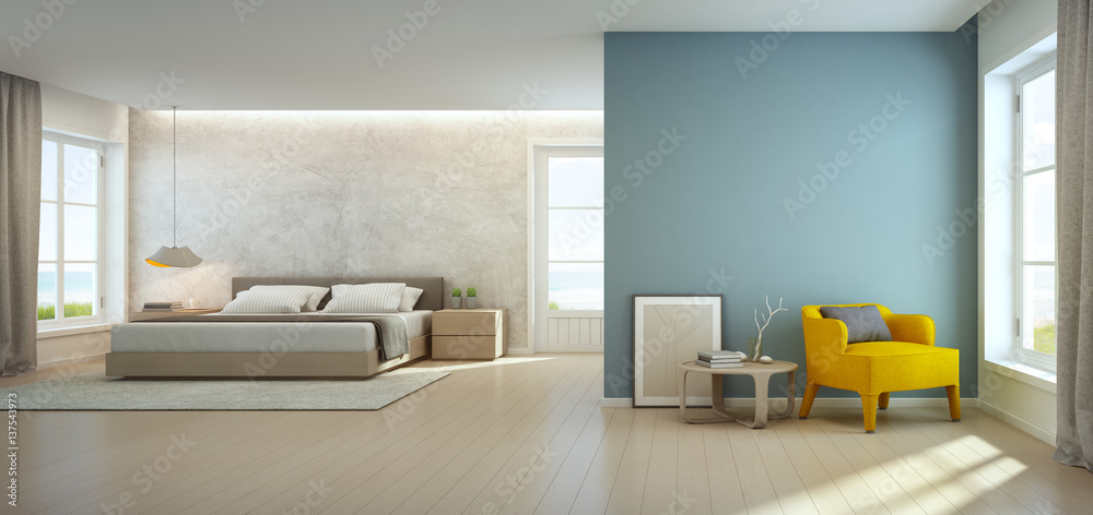 Sea view bedroom and living room in luxury beach house, Modern interior of vacation home - 3D rendering