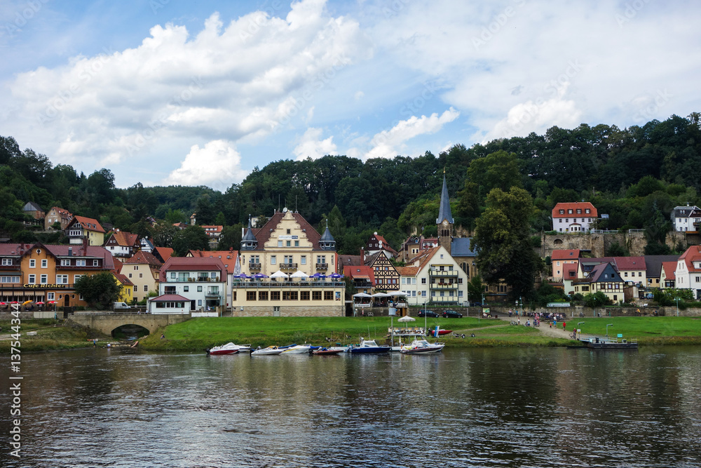 STADT WEHLEN. GERMANY - AUGUST 04, 2016: A view to Stadt Wehlen and Elbe river on a summer day.