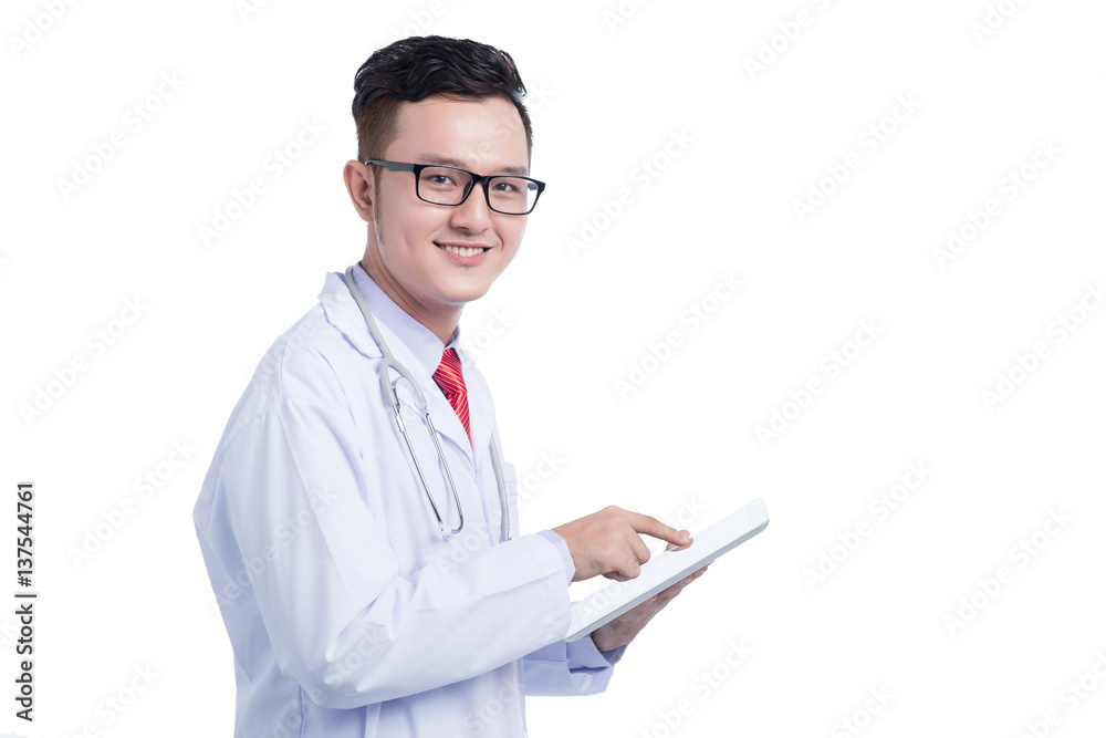 Doctor holding digital tablet isolated on white Doctor holding digital tablet isolated on white