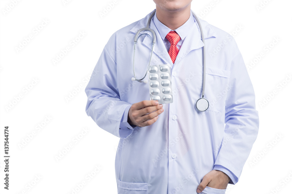 Happy asian doctor with drug, isolated on white Happy asian doctor with drug, isolated on white
