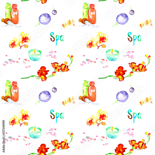 Basalt stones for massage with bamboo shoots, scented candles, aroma oils, sea salt, orchid flowers and pink petals, seamless pattern hand painted watercolor illustration