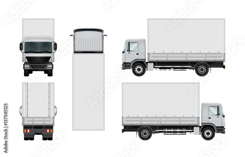 Delivery truck vector template. Lorry isolated on white. The ability to easily change the color. View from side, back, front and top. All sides in groups on separate layers.