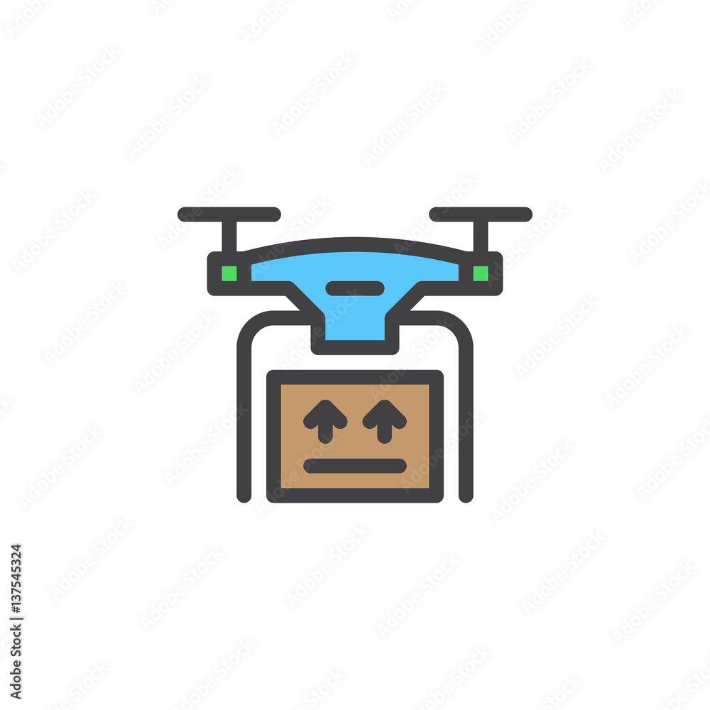 Drone delivery service line icon, filled outline vector sign, linear colorful pictogram isolated on white. Symbol, logo illustration Drone delivery service line icon, filled outline vector sign, linear colorful pictogram isolated on white. Symbol, logo illustration