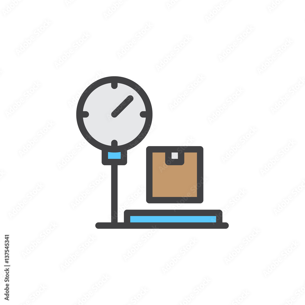 Platform scale with package line icon, filled outline vector sign, linear colorful pictogram isolated on white. Parcel weighing symbol, logo illustration