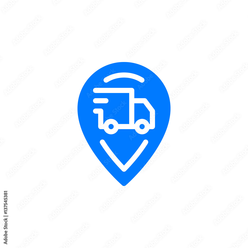 Map pin with delivery truck icon vector, filled flat sign, solid blue pictogram isolated on white. Order tracking symbol, logo illustration Map pin with delivery truck icon vector, filled flat sign, solid blue pictogram isolated on white. Order tracking symbol, logo illustration