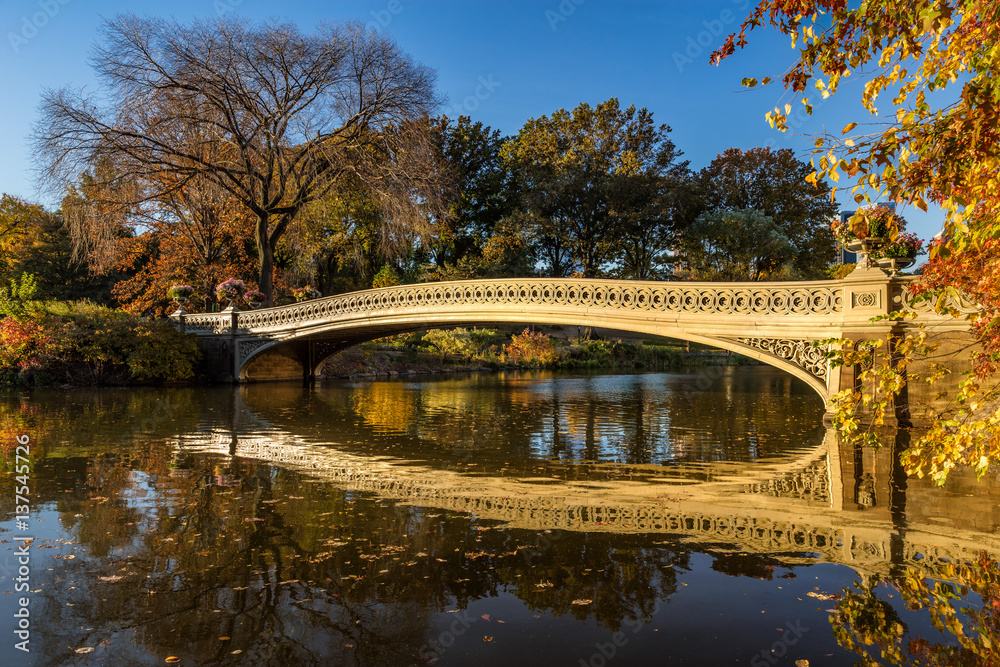 Fall in Central Park at The Lake with the Bow Bridge. Manhattan, New York City
