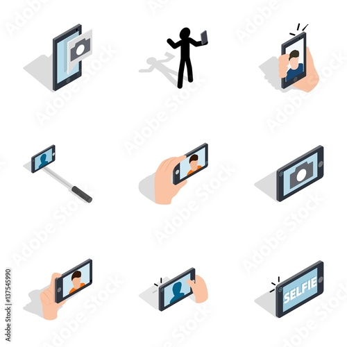Making selfie, photo icons set, isometric 3d style