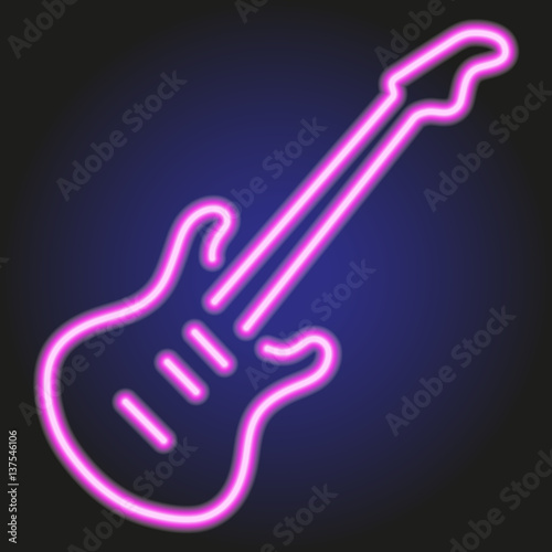 guitar pink neon glowing on dark background of vector illustration