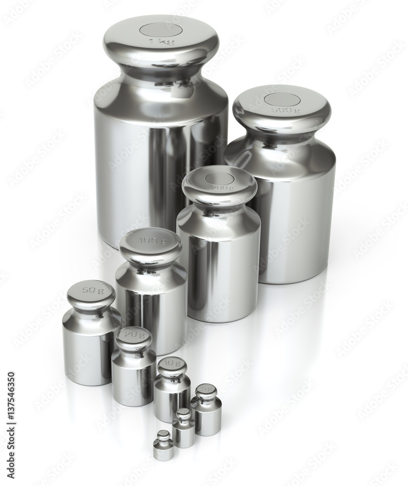 Calibration weight set with various sizes on a white background Calibration weight set with various sizes on a white background