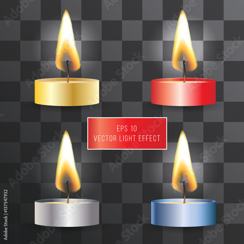 Vector realistic flame. Candle set on transparent background. Tea and wax candles.