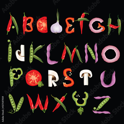 Food alphabet made of vegetables. Eco Font. Healthy letter.
