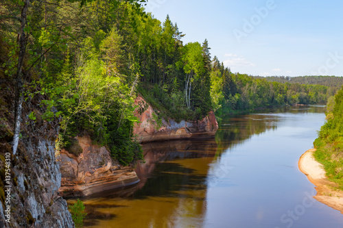Panoramic view of river Gauja turn from path on the hill. Gauja National park  Latvia.