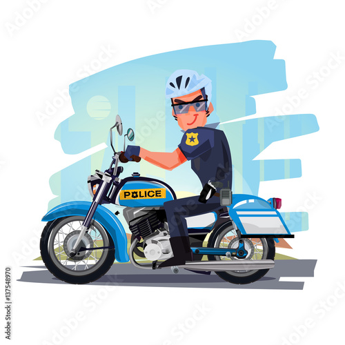 Police officer riding motorcycle with city in background. character design - vector