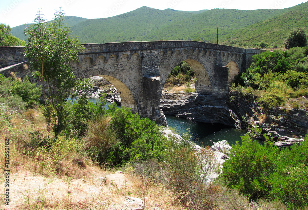 The Genoese bridge with three arches on the Tavignano river, near Altiani, Corsica
