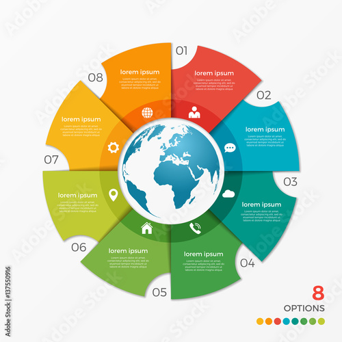 Circle chart infographic template with globe 8 option