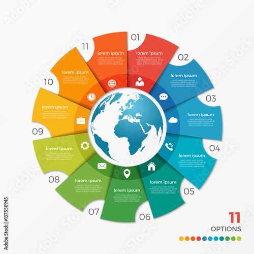 Circle chart infographic template with globe 11 options