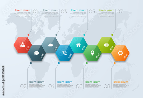 Timeline chart infographic template with 8 options