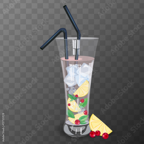 Refreshig drink with cranberry, lemon and mint vector illustration.