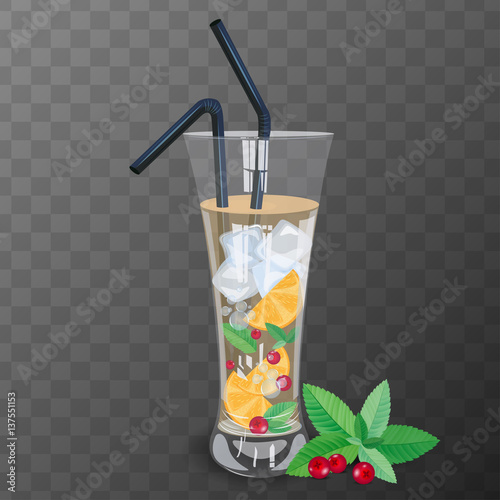 Refreshig drink with cranberry, orange and mint vector illustration.