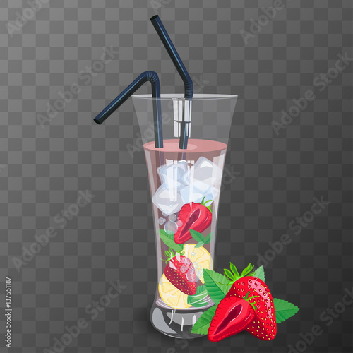 Refreshig drink with strawberry, lemon and mint vector illustration.