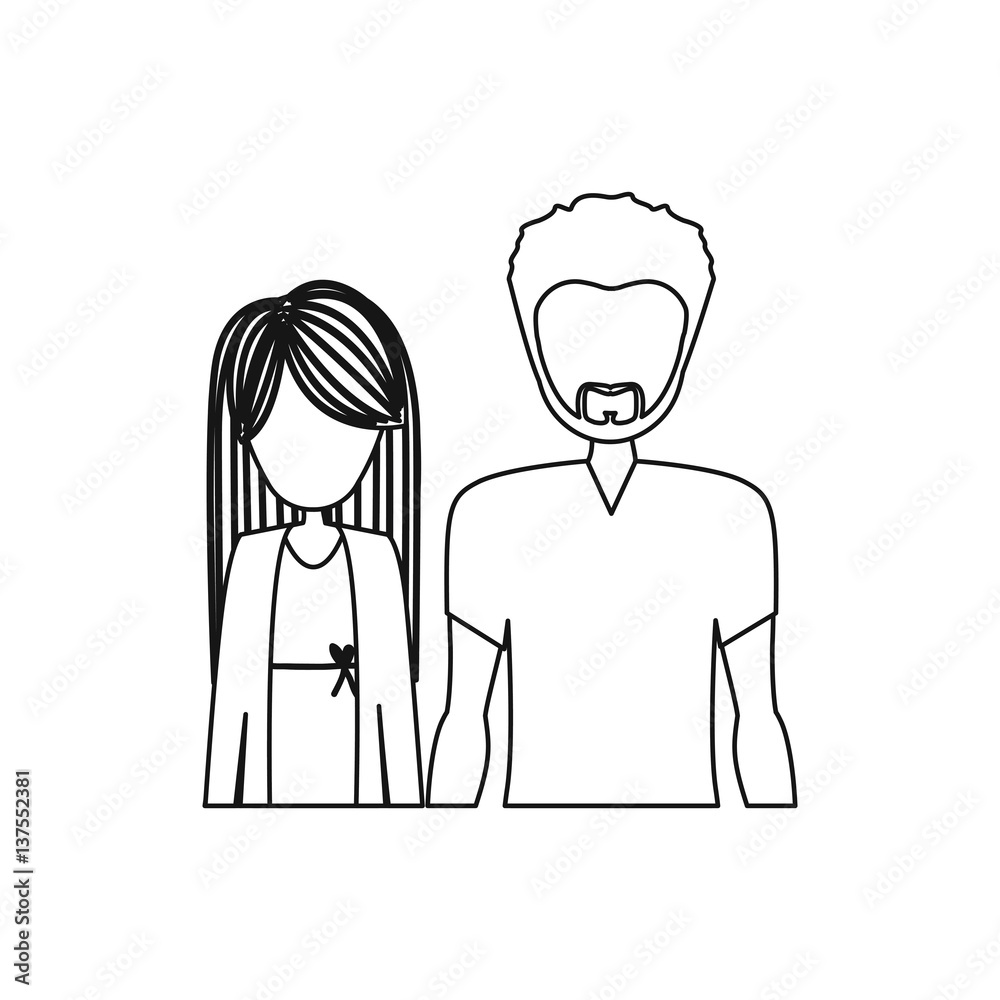 monochrome contour half body with man with beard and woman with long hair vector illustration monochrome contour half body with man with beard and woman with long hair vector illustration