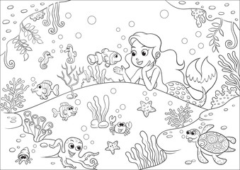 Keuken achterwand Zeemeermin Cartoon zeemeermin kleurplaat onderwaterwereld  © akarakingdoms