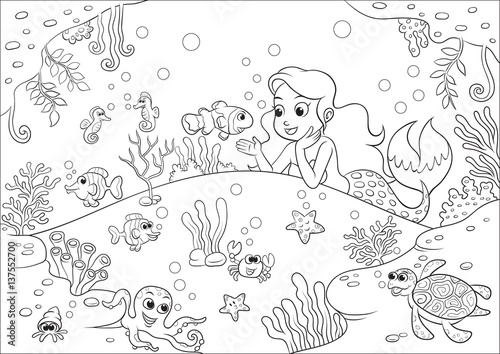 cute cartoon mermaid underwater world for Coloring Book